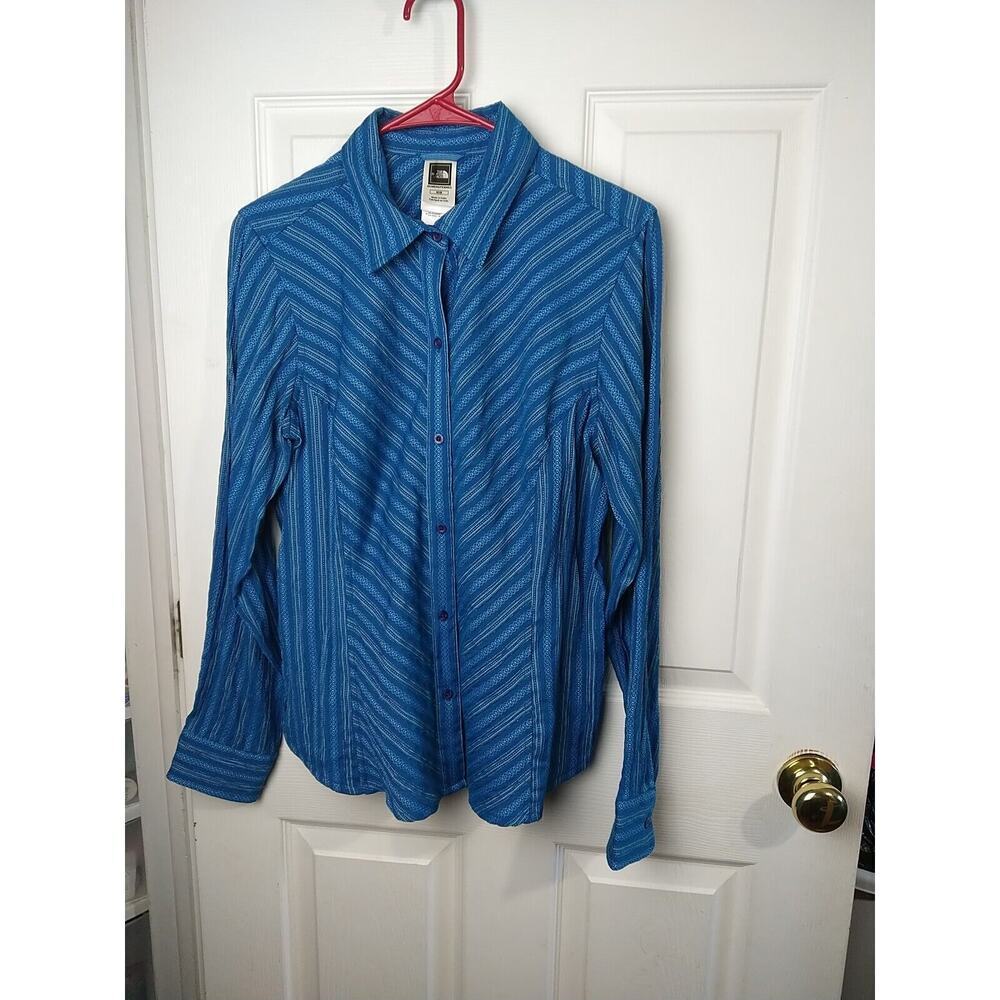 Northface Teal Striped Diamond Collared Button Long Sleeve Blouse. Size M